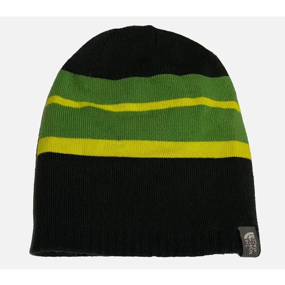The North Face Youth Reversible Beanie Gorpcore Black Green Stripe Knit Hat Sz M
